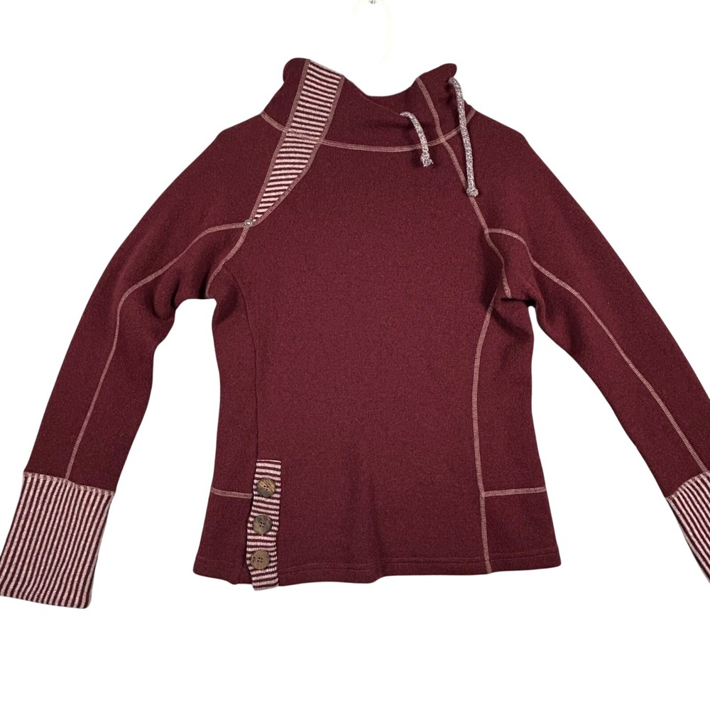 Prana Lucia Burgundy Striped Mock Neck Fleece Pullover Women's Size‎ S